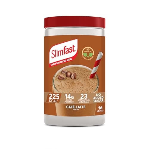 Image of SlimFast Meal Replacement Shake for Weight Loss & Balanced Diet, Vitamins and Minerals, Low Calorie, High Protein, Café Latte Flavour, 16 servings, 584 g, Packaging May Vary