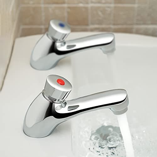 Image of Omni Chrome Hot and Cold Twin Brass Modern Bathroom Non Concussive Basin Taps