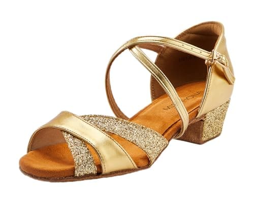 Image of missfiona Girls Ballroom Dance Shoes Glitter Latin Salsa Shoes for Kids 3.5cm Low Heels(2 UK, Gold)
