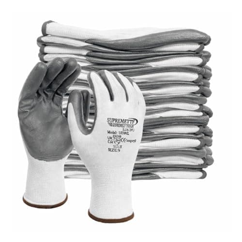 Image of Supreme TTF 24 Pairs White Grey Nitrile Coated Palm Nylon Builders Safety Work Gloves Builders Construction Gardening Grip (Medium (Size 8))