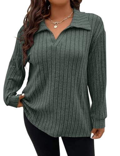 Image of Gemulate Plus Size Women's Apparel Long Sleeve Tops Ladies Lightweight Long Jumpers Plus Size Tshirts Sweatshirts Army Green XXL