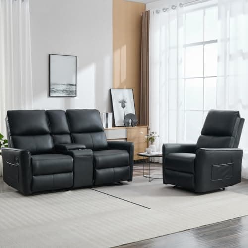 Image of More4Homes MADRID 1+2 SEATER w CONSOLE MANUAL RECLINER AIR LEATHER SOFA SET (Black)