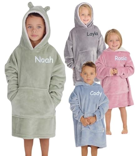 Image of Personalised Kids Hoodie Blanket Soft Toddler Oversized Wearable Childrens Cosy Hooded Sweatshirt Throw for Hoody Girls Boys 2-6 Years (Sage Green 3-6 years)