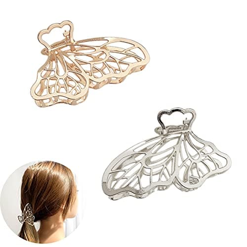 Image of 2 Pcs Metal Butterfly Hair Clips - Claw Barrette with Hollow Jaw for Women & Girls (Silver & Gold)