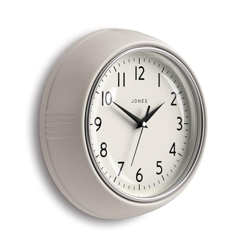 Image of Jones Clocks® Ketchup wall clock | Round retro diner clock | 25cm | Very pale grey | Ideal for the kitchen, living room, office or bedroom | Easy to read numbers