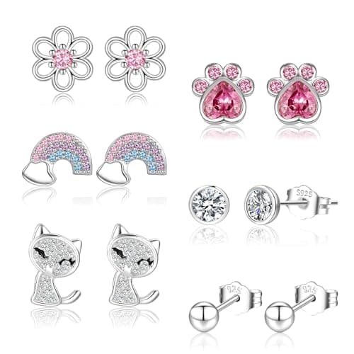 Image of SENTERIA 6 Pairs Sterling Silver Stud Earrings for Women, Hypoallergenic Silver Studs for Girls Cute Pink CZ Cat Heart Flower Silver Earrings for Women Sleeper Earring Set for Multiple Piercings
