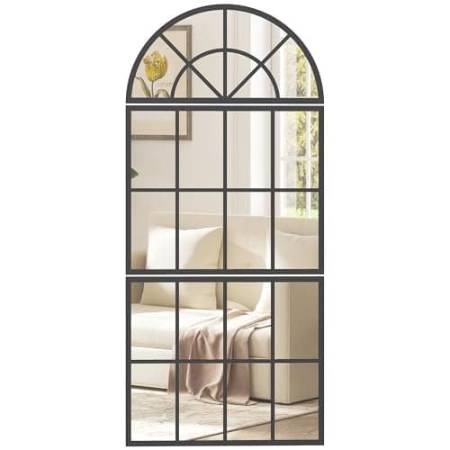 Image of HOMCOM 120 x 54 cm, Modern Large Arched Wall Mirror with Metal Grid, 3-Piece Split Window Mirrors with Tempered Glass for Window Decoration, Bedroom and Entryway, Black