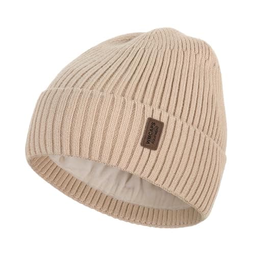 Image of Wmcaps Beanie for Men, Unisex Classic Knit Beanie Winter Hat Stretchy Soft Cuffed Wooly Beanie with Thermal Thick Fleece Lining, Gifts for Men/Women/Her/Him/Dad(Beige)