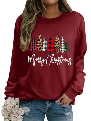 Image of WIEIYM Christmas Sweatshirt Women Chrtistmas Tree Graphic Print Jumper Long Sleeve T Shirt Unisex Pullover Causal Crewneck Tops for Women/Men S-XXL Burgundy