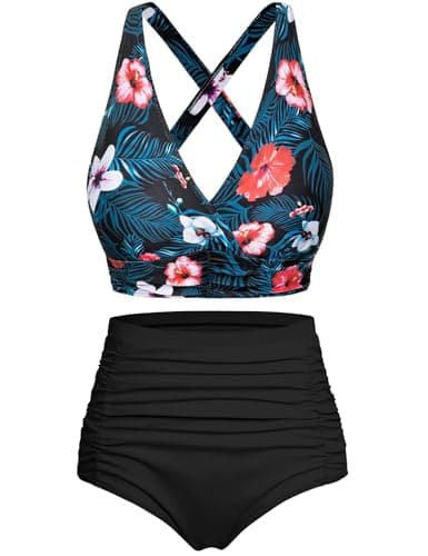 Image of Voqeen Womens Bikini Sets High Waisted 2 Piece Swimsuit Padded Push Up Bikini Top & Bottoms Tummy Control Ruched Bathing Suits Vintage Halter Swimming Costume Beachwear Ladies Swimwear Floral Black