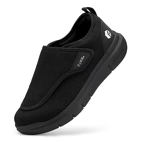 Image of FitVille Mens Extra Wide Fit Diabetic Shoes Easy Close Adjustable Orthopedic Slippers for Swollen Feet Plantar Fasciitis Lightweight Walking Shoe, Black, 12 UK Wide