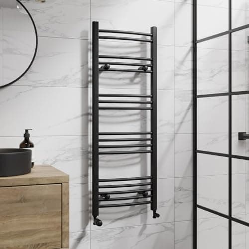 Image of DuraTherm® 1200 x 450mm Curved Heated Towel Rail Radiator Modern Central Heating Bathroom Warmer Wall Mounted Ladder Rad, Matt Black