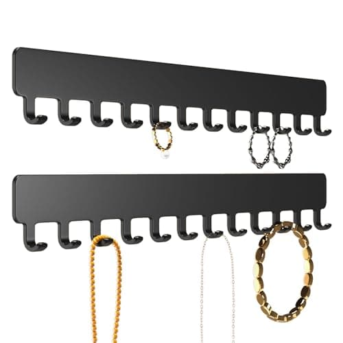 Image of Josmimic Wall Mounted Necklace Holder - Adhesive Jewellery Hooks for Necklaces, Bracelets, and Rings - Easy Installation Metal Hanger Organiser, Black
