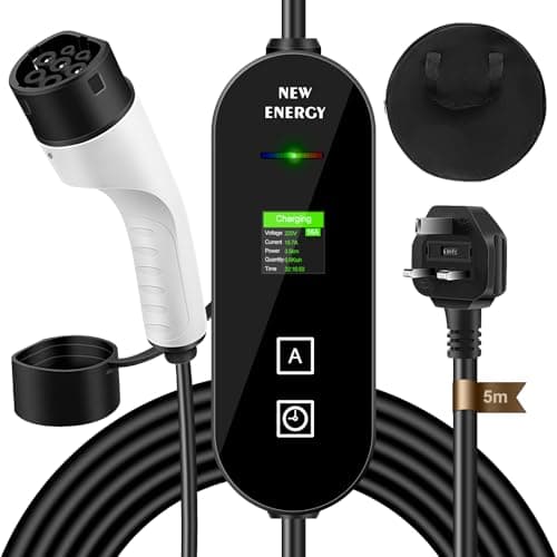 Image of Vutlace EV Charger Cable Type 2 to UK 3 Pin Plug, 5M 6/8/10/13/16A Portable Electric 3.6KW Car Charger with LED Display, IP67 Waterproof, Type 2 Charging Cable for EVs and PHEV
