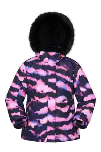 Image of Mountain Warehouse Glacial Printed Kids Water-resistant Snow Jacket - Padded Coat with Hood Lift Pass Pocket, Boys & Girls - Winter Skiing, Sports & Walking Pink Kids Size 9-10 Years