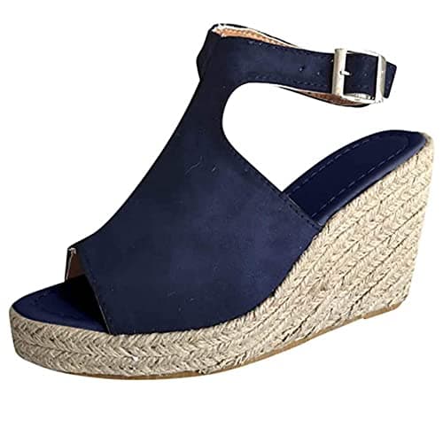 Image of Ladies Espadrilles Sandals Hessian Wedge Sandals Womens Platform Shoes Slingback Buckle Peep Toe Memory Foam Mid Heels Fashion Espadrille Ankle Strap Summer Shoes