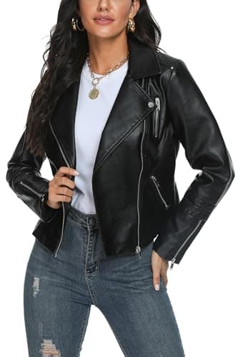 Image of Fahsyee Women's Leather Jackets, Faux Motorcycle Plus Size Moto Biker Coat Short Lightweight Vegan Pleather Fashion, Black, M
