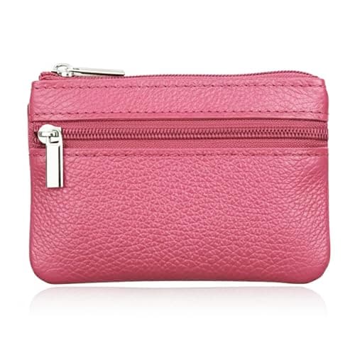 Image of Hibate Mini Coin Purse Holder Wallet Leather Purses for Women Men Kids Minimalist Zip Pouch with Key Ring - Pink
