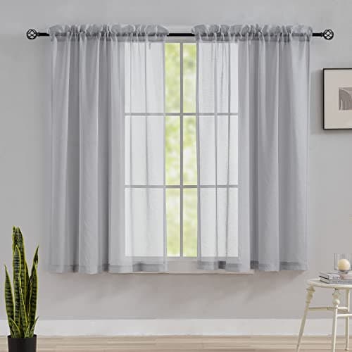Image of Home Brilliant 160cm Slot Top Voile Curtains for Bedroom, Decorative Soft Sheer Curtains for Windows, Grey Net Curtains for Living Room, 54 x 63 Inch, Set of 2, Light Grey