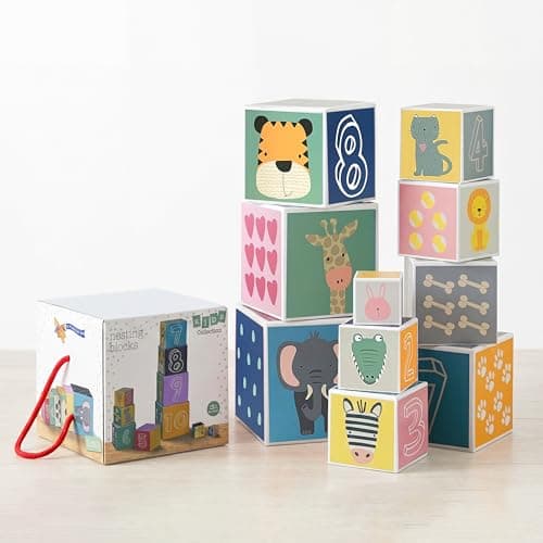 Image of The Magic Toy Shop Kids Nesting & Stacking Blocks - 10 Piece Montessori Educational Activity Set for Babies, Toddlers - 87cm Tall Tower Cubes with Numbers, Animals, Shapes & Storage Box