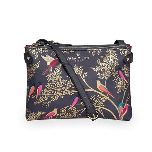 Image of Sara Miller Women's Crossbody, Dual Compartment Purse with Zipper Closure, Adjustable Straps for Cross Body or Shoulder Bag, Smoky Blue Birds