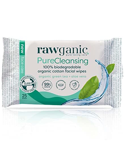 Image of RAWGANIC Pure Cleansing Refreshing Facial Wipes with Aloe Vera and Green Tea | Gentle Soothing Biodegradable Makeup Removal Organic Cotton Wipes | 1 Pack (25 wipes in total)