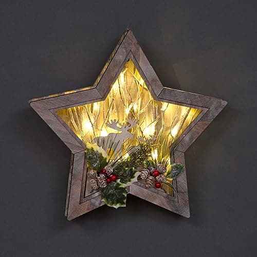 Image of SHATCHI Wooden Christmas Reindeer Scene Tabletop Centrepiece Frame 38cm - Star Shape, Battery Operated with Micro Rice LEDs and Festive Decorations - Room Wall Table Home Xmas Decorative Gift