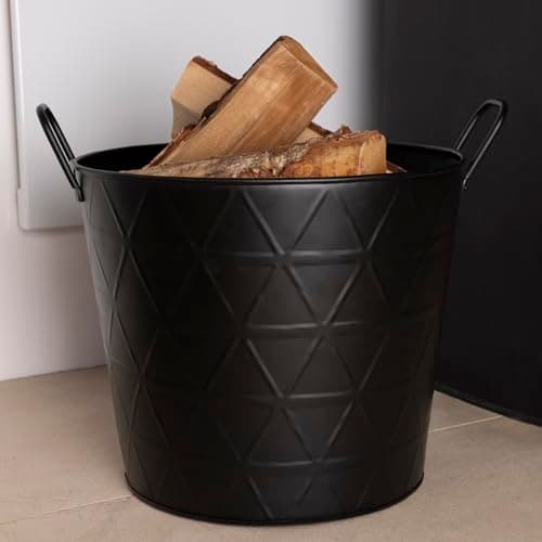 Image of CHARLES BENTLEY Wood Buckets, Snug, Yew, Large Fireside Log Bucket, Iron, Contemporary Design, Black Matte, Solid Metal Handles, Triangular Body Design, Powder Coated Finish, 2.7kg (52x45x41cm)