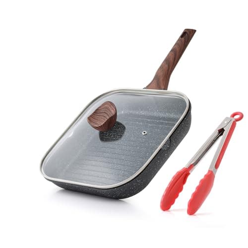 Image of Kordisen Nonstick Grilling Pan with Lid for Stove Tops, 28cm Square Grill Pan for Indoor Cooking, Skillet with Healthy Coating and Pour Spouts, Induction Compatible Cookware, PFOA-Free