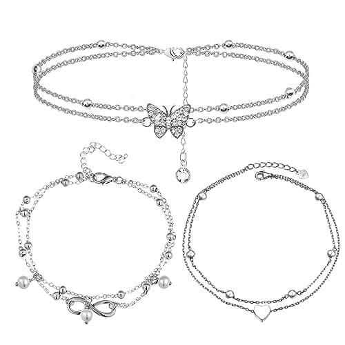 Image of AYNKH 3 PCS Ankle Bracelets for Women Adjustable Butterfly Silver Foot Bracelet Heart Layered Anklets Lucky 8 Beaded Pearl Double Layer Foot Jewelry for Girls