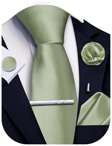 Image of Ailisus Sage Green Tie and Pocket Square Set Solid Necktie Cufflinks Tie Clip Lapel Pin for Men Wedding Business 5PCS
