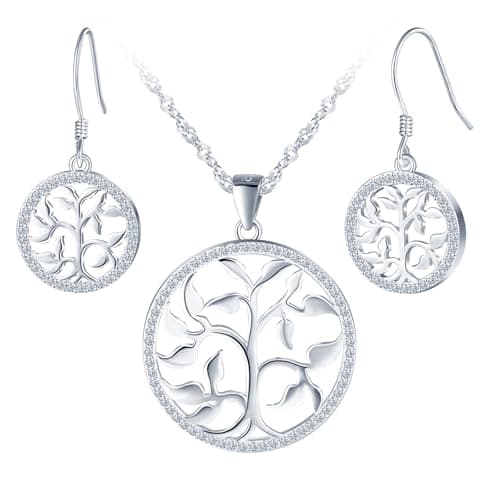 Image of Yumilok 925 Sterling Silver Necklaces for Women Zirconia Tree of Life Necklace Jewelry Set for Women Silver Necklace Silver Stud Earrings