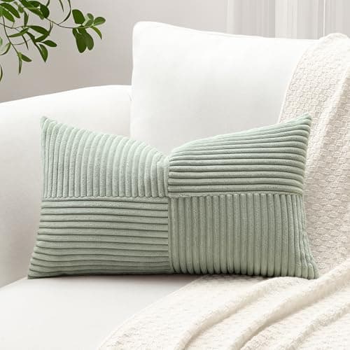 Image of Sungeek Set of 1 Decorative Cushion Cover 30 x 50cm Soft Corduroy Striped Cross Patchwork Textured Pillow Covers Solid Lumbar Throw Pillow Cases for Sofa Bed Patio 12x20 Inch, Light Grey