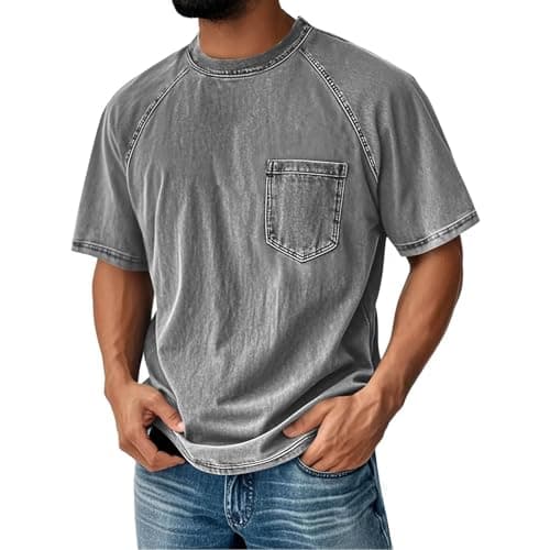 Image of Men's Distressed T-Shirts UK Vintage Short Sleeve Shirt Washed Cotton Casual Tops Crew Neck Tees Shirt Summer Loose Fit Blouse with Pocket Solid Color Retro Tshirts Comfort Streetwear