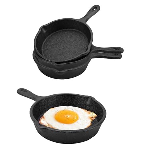 Image of YKUKIZEE 3 Pack 4 inch Mini Cast Iron Skillet with Double Drip-Spouts, 10 cm Small Cast Iron Pan Black, Round Mini Irons Egg Skillet for Frying Oven Grill
