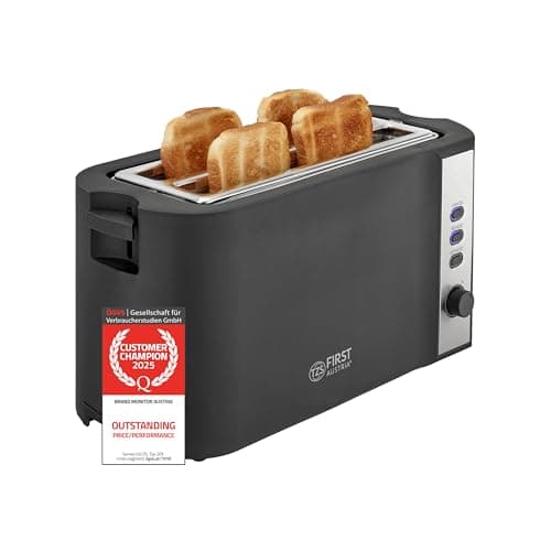 Image of TZS First Austria 4 Slice Toaster 1500W - Long Slots for Bagels & Crumpets - 6 Browning Levels, Auto Bread Centring - Bun Warmer & High-Lift - Defrost & Reheat