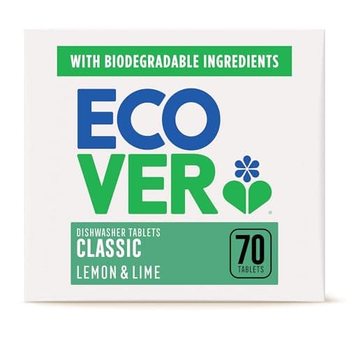 Image of Ecover Classic Dishwasher Tablets, Contains Salt & Rinse Aid, Powerful Cleaning, Lemon & Lime Scent, Pack of 1, 70 Tablets