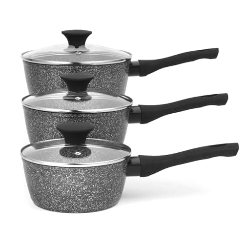 Image of Salter Megastone 3-Piece Pan Set - Non-Stick Cooking Pots, Induction Hob Suitable, 16/18/20 cm Saucepans, Durable Forged Aluminium Cookware, Includes Tempered Glass Lids, Dishwasher Safe