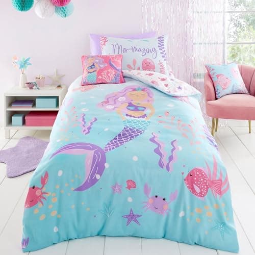 Image of Bedlam Mermaid Duvet Cover - Single (200 x 140cm) - Reversible (2 Designs) - Ocean Sea Animals Duvet Cover for Girls - Mermaid Bedding for Girls