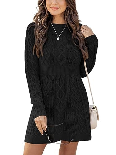 Image of Ebifin Sweater Dresses for Women Elegant Jumper Dresses Knitted Round Neck A-Line Mini Dress Winter Pullover Dresses.Black.M