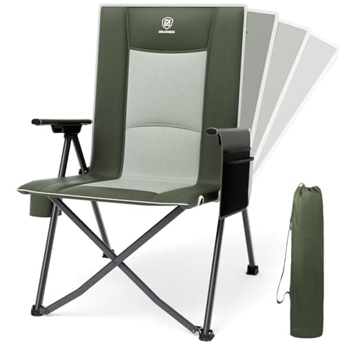 Image of EVER ADVANCED Luxury Camping Chair Folding for Adults Heavy Duty 350lbs, Garden Chair Reclining Padded with Cup Holder Side Pocket, Foldable with 4-Position Adjustable Back, Green