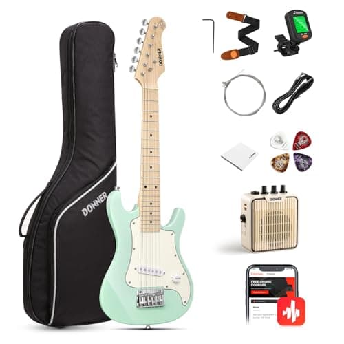 Image of Donner 30 Inch Kids Junior Electric Guitar Beginner Kit ST Style Mini Guitar Premium Bundle with Amp, Tuner, Capo, Bag, Strap, String, Cable (DSJ-100, Mint Green)