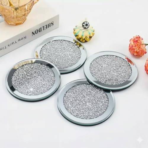 Image of SERENA'S ® 4 Pack Crushed Diamond Crystal and Mirror Coasters Set of 4 Glittering Silver Coasters for Home Kitchen Bar & Restuarant Decor (Round)