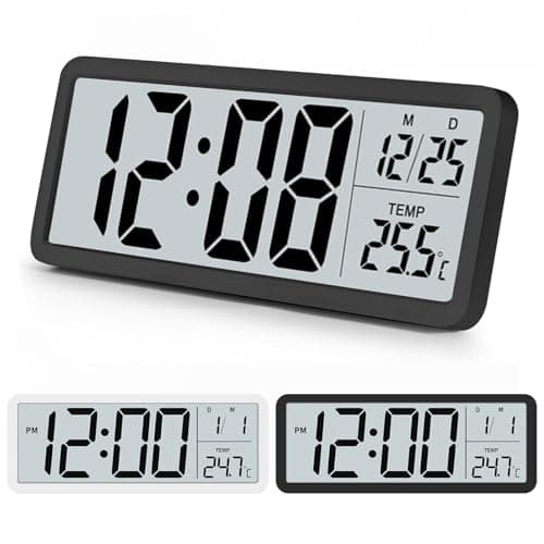 Image of Venchin Digital Wall Clock: Black Wall Clocks Battery Operated, Temperature, 12/24HR, LCD Digital Clocks for Living Room, Bedroom, Office, 20CM Modern Table Clock Room Decor