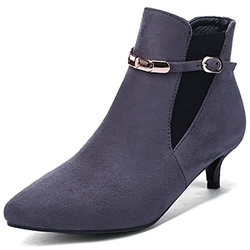 Image of Gicoiz Women Pointed Toe Comfy Kitten Heel Ankle Boots Winter Work Low Heels Chelsea Biker Boots Bridal Dress Shoes Warm Grey Size 6.5-41