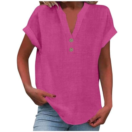 Image of Linen Tops for Women Comfy V Neck Collared Blouse Low Block Heel Shoes Women Wide Fit Ladies Blouses Size 18 UK Business Casual Clothes 2025 Fashion Y2K Clothes Plus Size Hot Pink