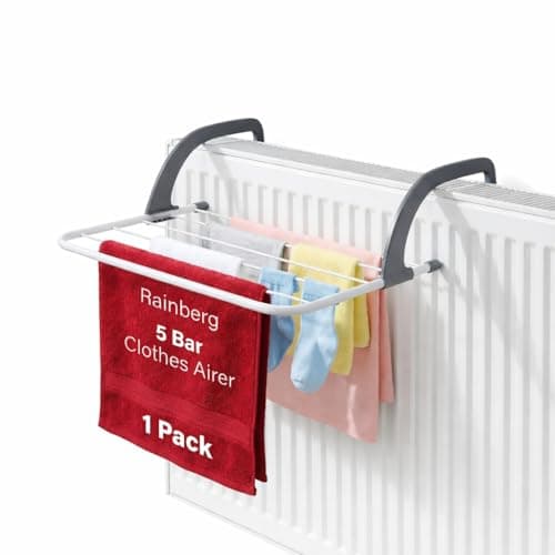Image of Rainberg 5 Bar Radiator Clothes Airer Rack, Foldable Clothes Airer with Adjustable Arms, Laundry Dryers Clothes, Hanging Drying Rack (Pack of 1)