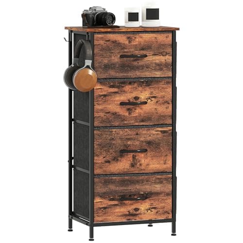 Image of HOMCOM Chest of Drawers, Dresser for Bedroom with 4 Fabric Drawers, Tall Storage Unit with 4 Pockets, 2 Hooks and Steel Frame for Living Room, Hallway, Rustic Brown