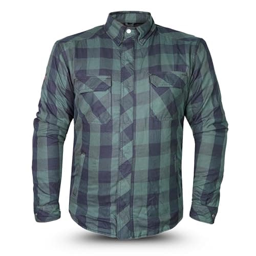 Image of Tornado Impact Men’s Lined Motorcycle Shirt – CE Level 2 Armored Flannel Jacket – Water-Resistant Aramid Protection – Stylish Biker Riding Shirt (UK, Alpha, XL, Regular, Regular, Green-Black)