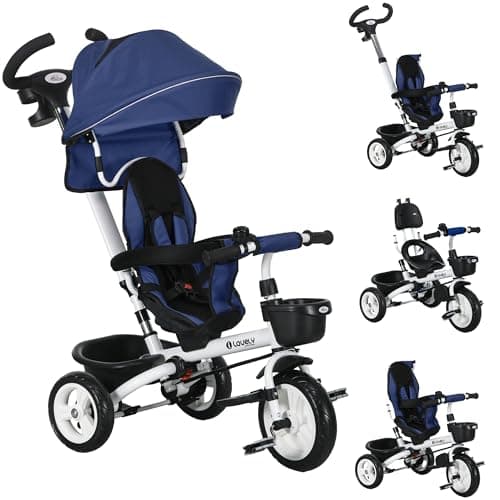 Image of HOMCOM 6 in 1 Baby Trike for 1-5 Years, Toddler Tricycle Folding Bike with Parent Handle, Reversible Seat, Storage Basket, Canopy, 5-point Seat Harness, Dark Blue